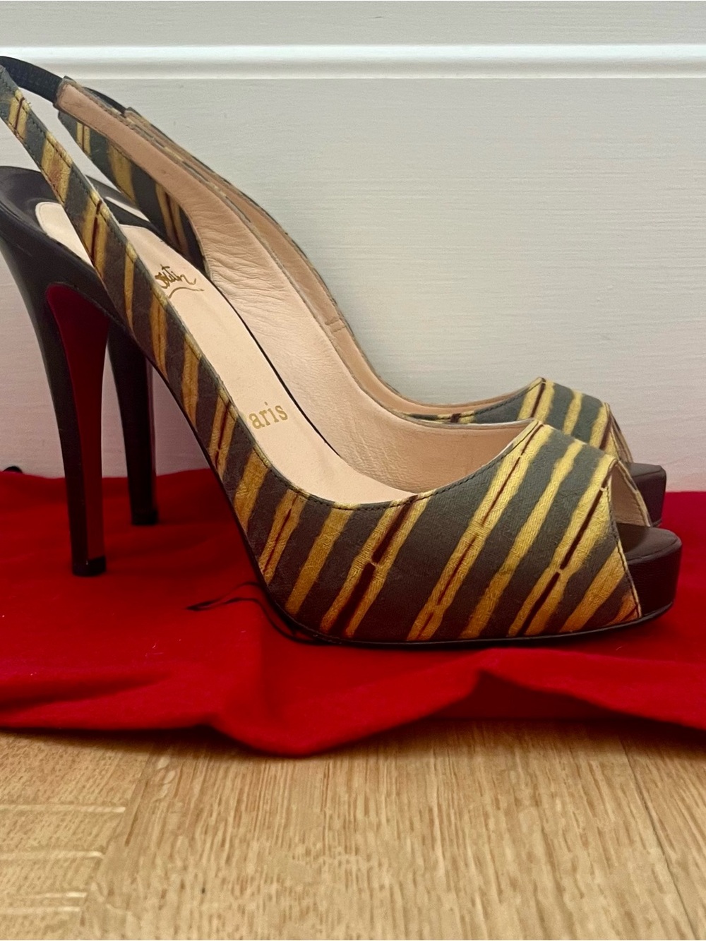Christian Louboutin Striped Multicolor Peep-Toe Slingback Heels Size US 7/EU 37